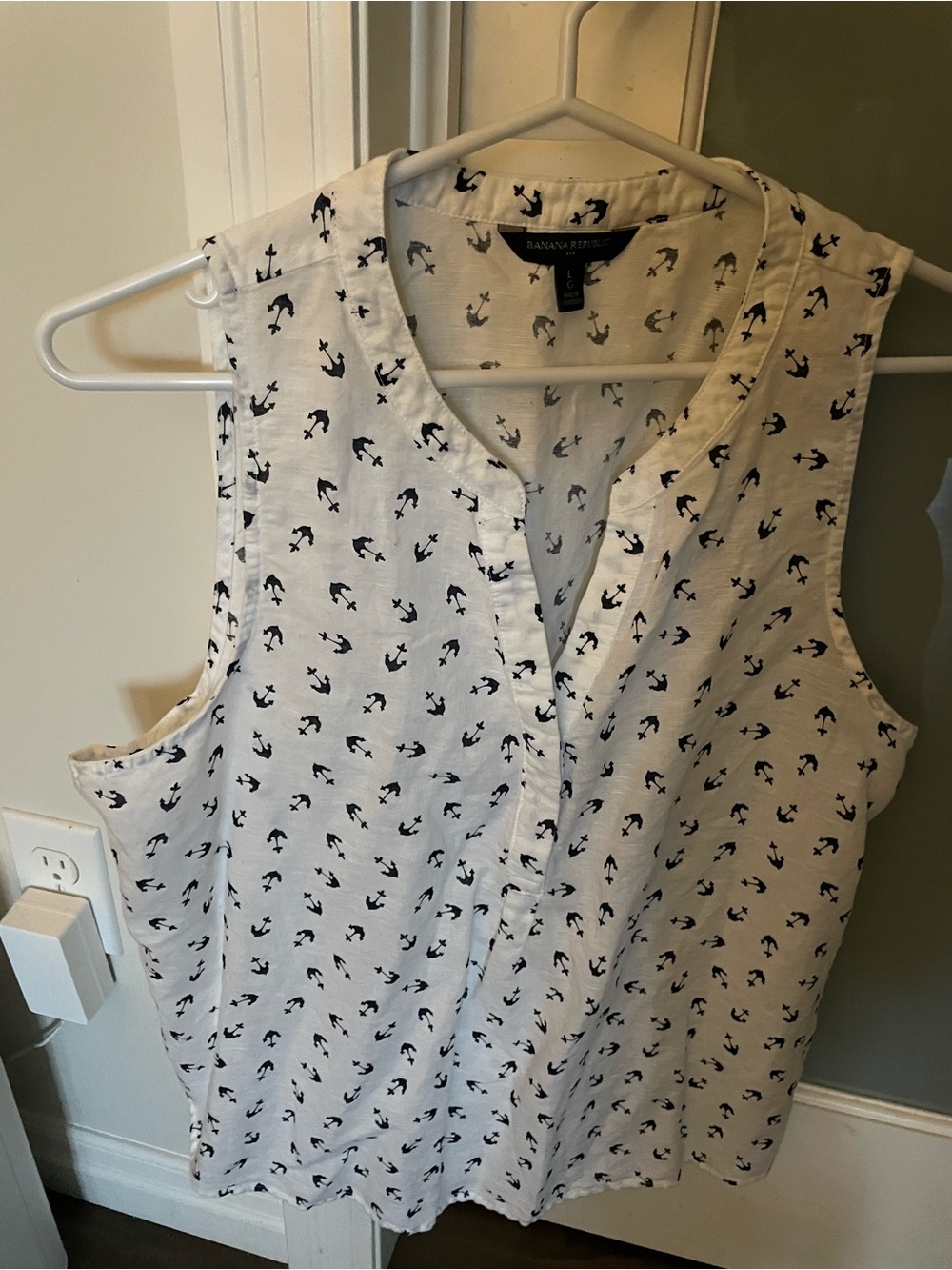 Banana Republic White Sleeveless Top with Navy Anchor Print